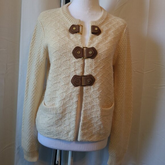 Woman's L/S Tori Burch Sweater Leather trim snaps Alpaca blend - M - Picture 1 of 12